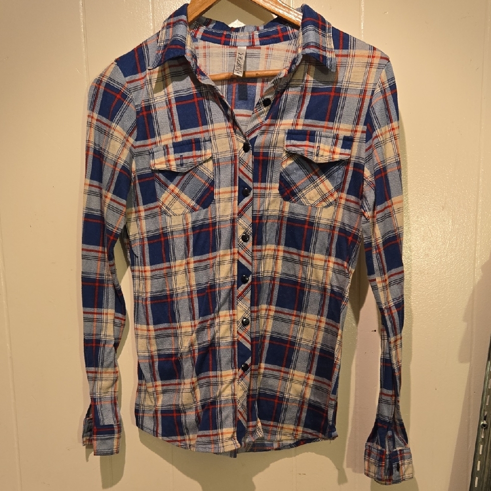 Plaid Button-Up Shirt in Blue and Red